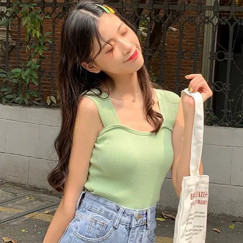 

Sexy Basic Summer Square Collar Knitted Tank Top Women Casual Pullover Sleeveless Top Women Fashion High Elasticity Tops