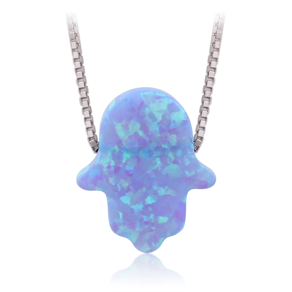 Hot Sale Synthetic Opal Necklace 925 Sterling Silver Box Chain Light Blue OP06 11x13mm Hamsa Fire | Украшения и аксессуары