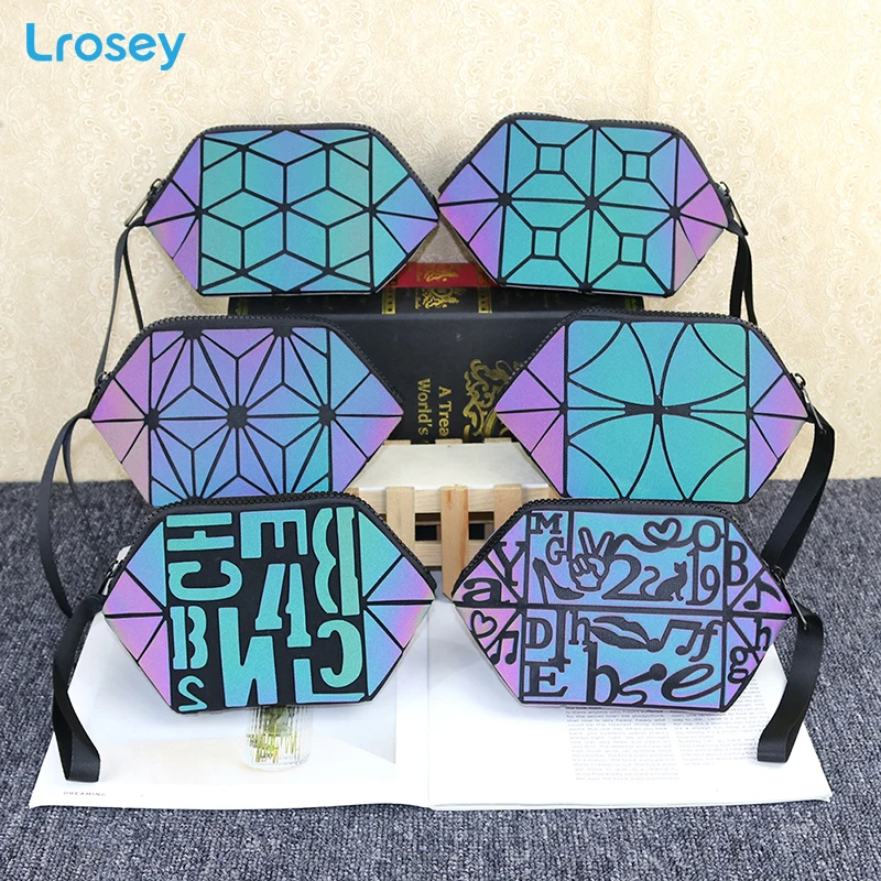 

Fashion folding makeup organizers geometric rhombic colorful luminous waterproof bags small handbag female travel cosmetic bag