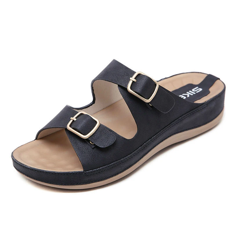 

Yu Kube Summer Shoes Woman Sandals Double Buckle Sandalias Mujer 2019 Slides Wedges Shoes For Women Sandals Flip Flops Black