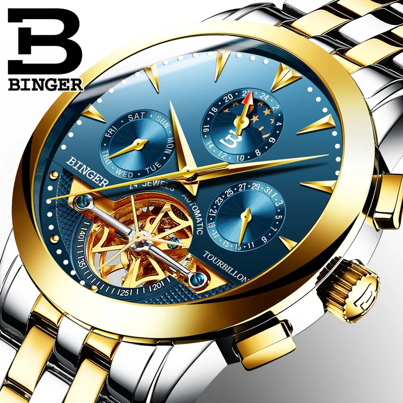 Tourbillon Men Top Luxury Brand Watches Automatic Mechanical Watch Stainless Steel Waterproof BINGER relogio masculino B-1188G