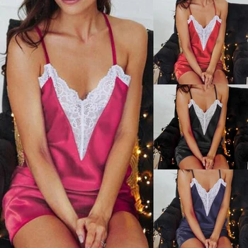 

Summer Women's Solid Sexy-Lingerie Sleepwear Satin Silk Babydoll Lace Sleepdress