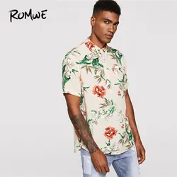 ROMWE для мужчин ботанический принт изогнутый подол рубашки 2019, новая мода однобортный костюмы рубашки для мальчиков Chic тропический