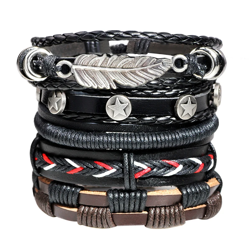 Vintage Leaf Feather Charm Leather Bracelet Set for Men Women Classic Multilayer Handmade Braided Rope Bracelets Bangles Jewelry