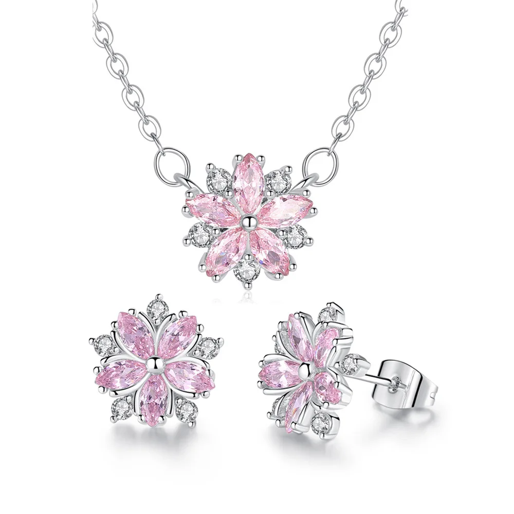 Fashion Flower Shape Zircon Pink Wedding Earrings for Women with Silver Color Crystal Korean Indian Stud Earrings Brincos