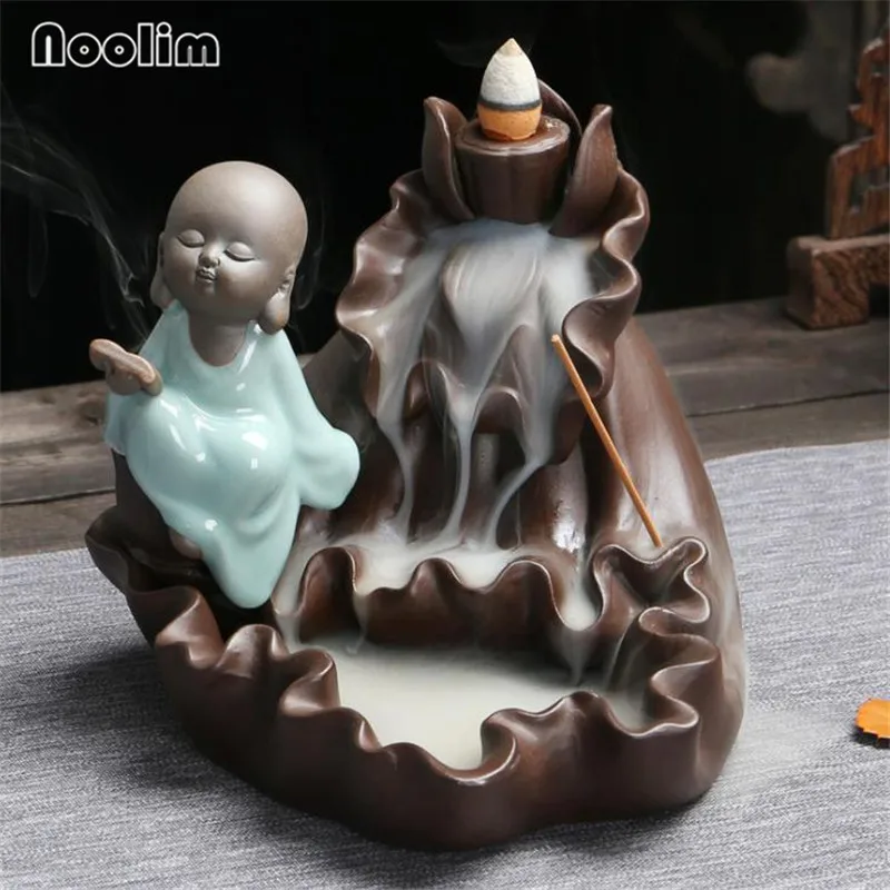 

Ceramic Lovely Little Monk Backflow Incense Burner Smoke Waterfall Censer Incense Stick Holder Aromatherapy Furnace Home Decor