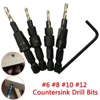 

4pcs Hss Countersink Drill Cone Bit Set 6#,8#,10#,12# 14# Quick Change Round Shank Woodworking Screw Reamer