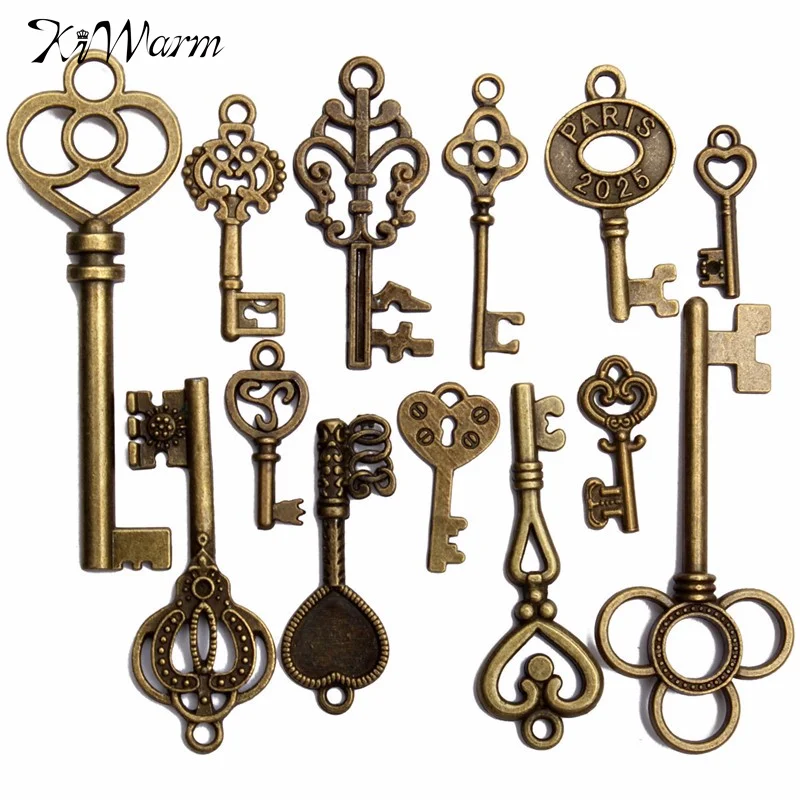 

KiWarm Hot Selling DIY Antique vintage Old Look Key Lot Pendant Heart Bow Lock Steampunk Jewel For Home Metal Crafts Decor