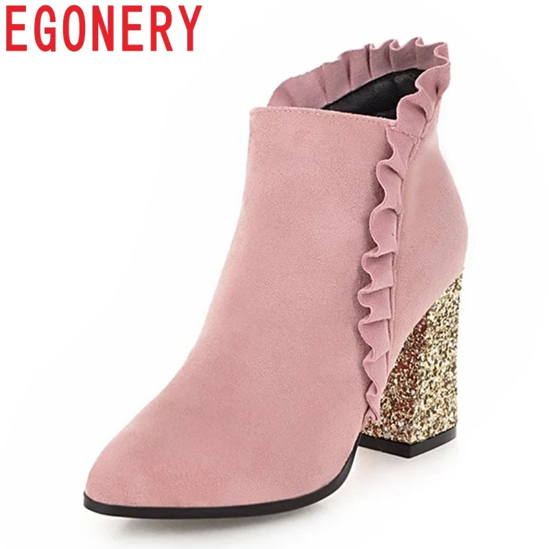 

EGONERY women shoes high quality 2019 fashion pointed toe sequin heel booties ladies pleated ruffle side zipper shoes size 33-43
