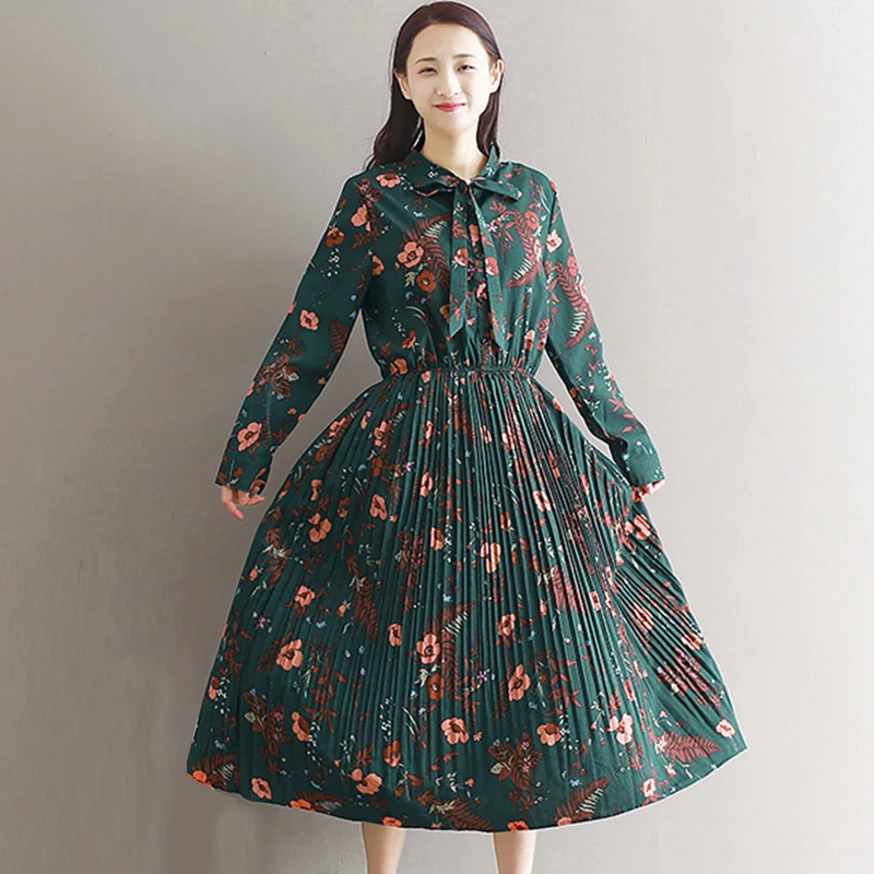 

Print Floral chiffon dress Women 2018 new dresses vestidos summer dress long sleeve Plus size O-neck dress QH1378