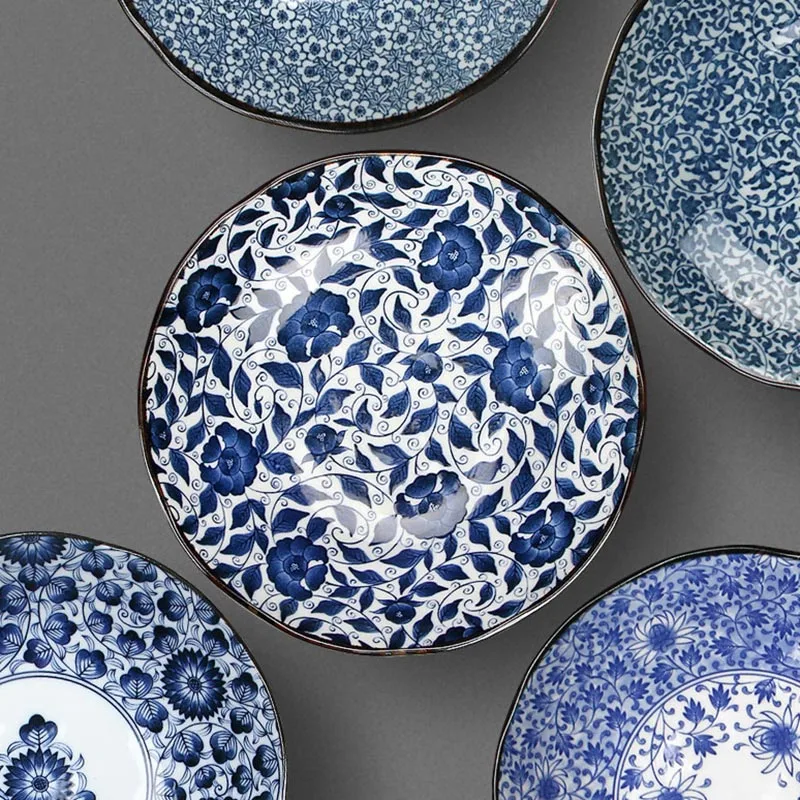 

8 inch Creative Kitchen Tableware Ceramic Blue and White Porcelain Dinner Plate Steak Pasta Dish Japanese Fruit Snack Sushi Tray