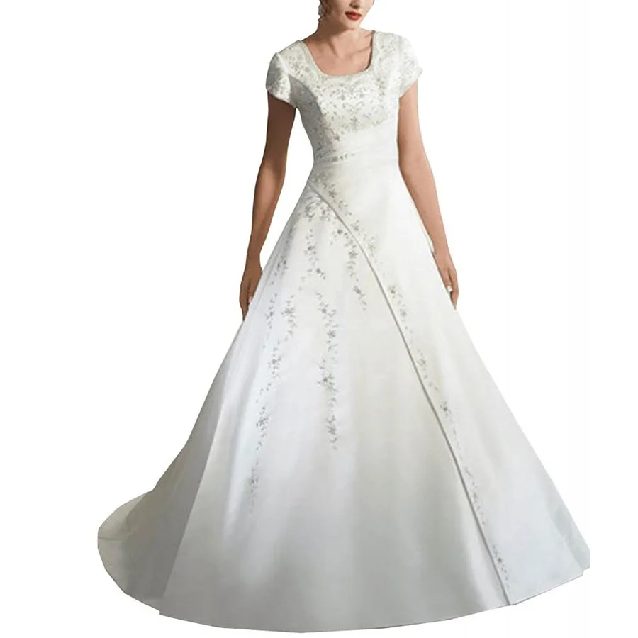 Anna Magnan Bridal Duchess Satin Cap Sleeve Wedding Dresses Lace Up