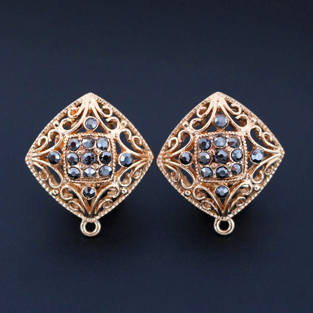 

Earrings Post Connector Linkers Retro Filigree Square Black CZ Paved Gold Color Base Metal for DIY Women Dangle Hanging Earrings