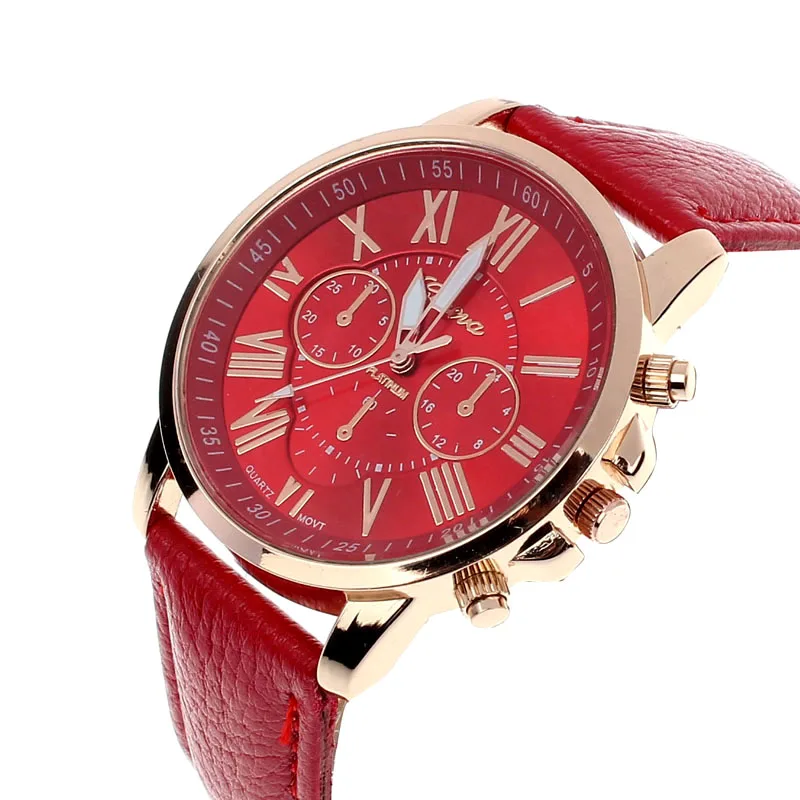 Часы женские женева часы женщины мода кварцевые часы искусственной кожи молодой спортивный роскошные мужчины свободного покроя часы платье наручные часы relogios часы женские наручные - Цвет: Red