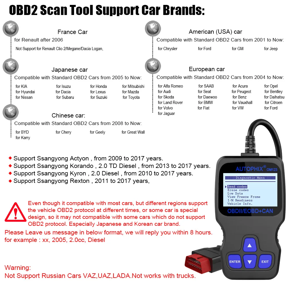 Autophix Om123 OBD2 автомобильный сканер многоязычный диагностический инструмент двигателя PK AD310 NL100 ELM327 CR3001 Универсальный считыватель кодов