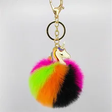 Clearance Sale New Women Fur Pompom Unicorn Keychain Fluffy Artificial Rabbit Fur Key Chains For Cars Bag Rainbow Horse Keyrings