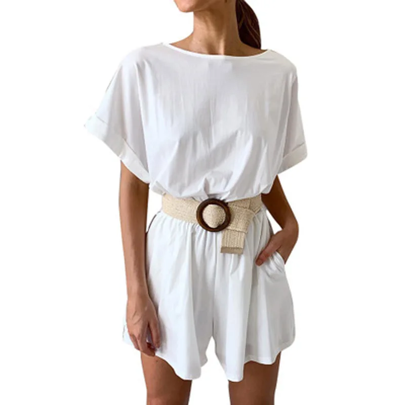 

Summer Solid Color O Neck Sashes Sexy Slim Jumpsuit Romper Womens Short Sleeve Casual Streetwear Short Playsuit Overalls 2019