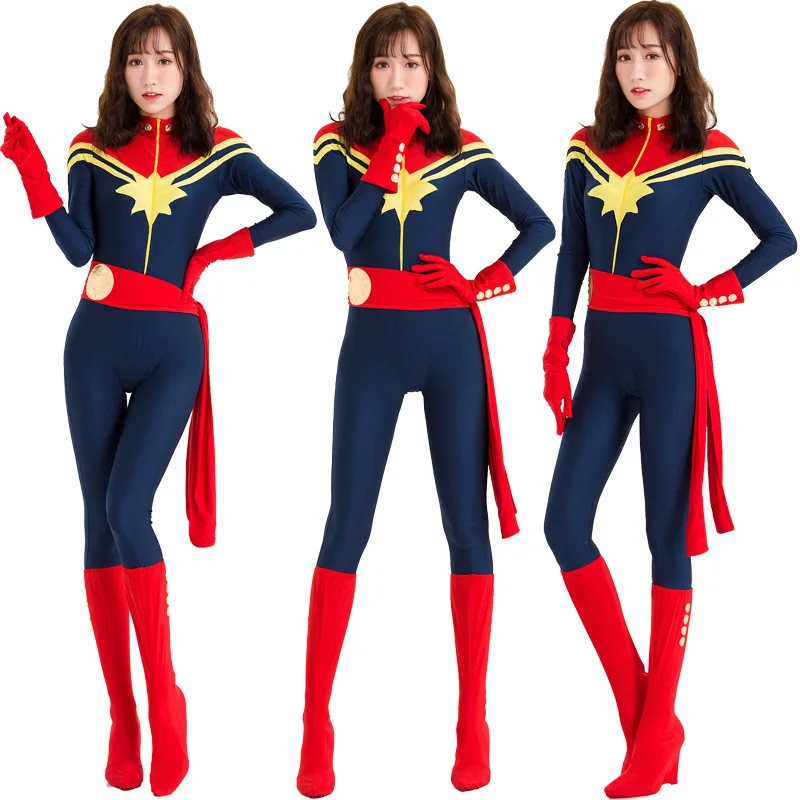 

Adult Captain Marvel Cosplay Costume Women Superhero Marvel Women Cosplay Halloween Ms Marvel Carol Danvers Jumpsuit Bodysuit