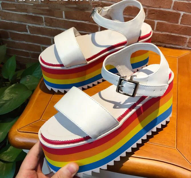 

Carpaton Summer Newest Rainbow Platform Wedge Sandals Sexy Peep Toe Ankle Strap Woman Shoes Leather Dress Heels