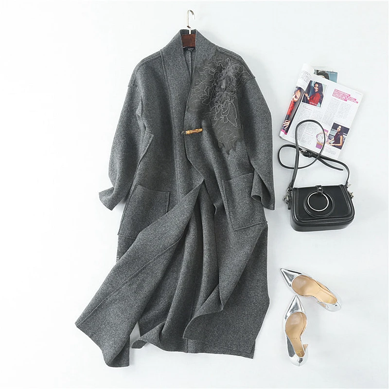 

Wool Coat Women 100% Wool Silk Appliques Design Drop-shoulder Long Sleeves Pockets High Quality Wide-waisted Coat 2018 Fashion