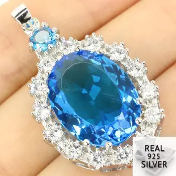 

Real 925 Solid Sterling Silver 7.3g Big Heavy Gem Oval 20x15mm Paris Blue Topaz White CZ Engagement Pendant 40x18mm