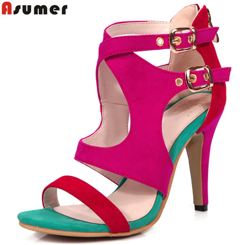 

ASUMER Plus size 34-46 New Women sandals mixed color buckle summer gladiator sandals flock high quality high heels shoes woman
