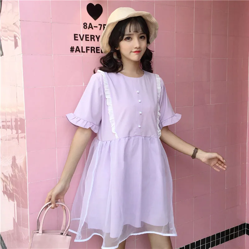 

Japanese Sweet Lovely Ruffles Preppy Style Women Dresses Short Sleeve O-neck Summer Dresses Princess Loose Splicing Mesh Dress