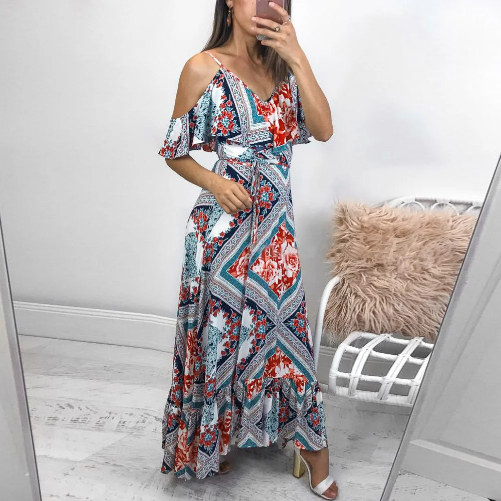 

Office Lady Print Woman Dress 2019 Spring Summer Spaghetti Strap V Neck Boho Maxi Dresses Short Sleeve Vestido