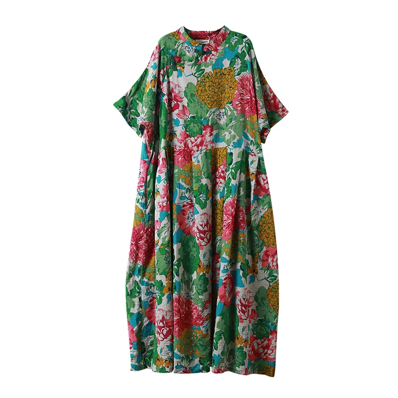 Женское платье макси с коротким рукавом и воротником стойкой|plus size women dresses|summer maxi
