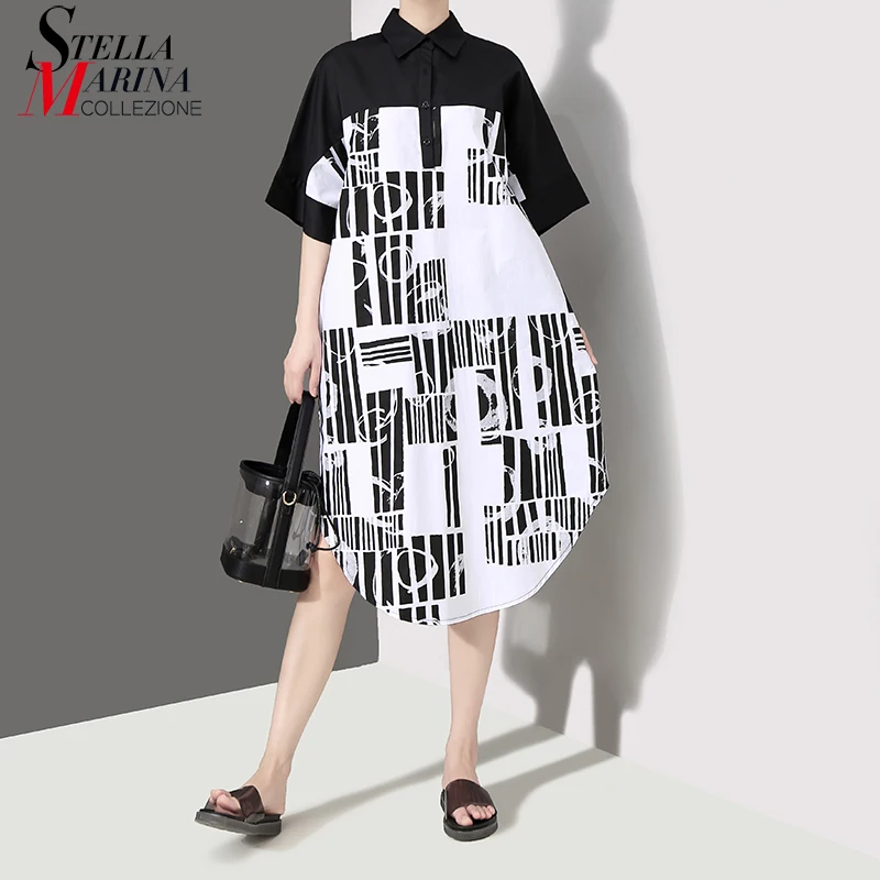 

New 2019 Korean Style Women Summer Geometrical Printed Shirt Dress Plus Size Ladies Stylish Casual Midi Dresses Robe Femme 5112