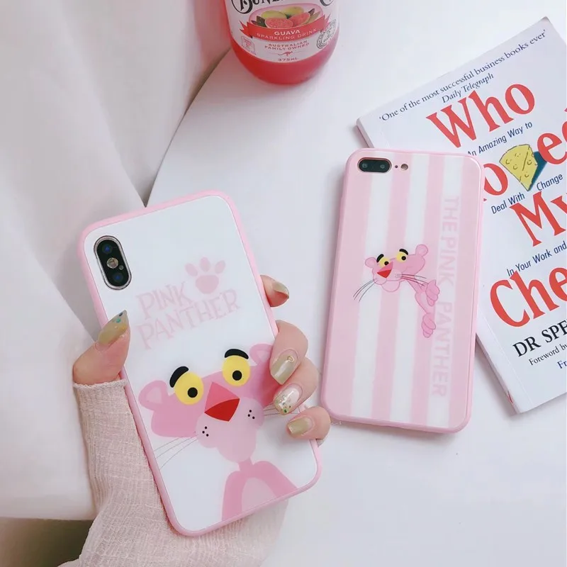 

Fashion Pink Series Tempered Glass Lovely Pink Panther Mobile Phone Case For iPhone XS X 6 6s Plus 7 8 Plus Cover Protect Cases
