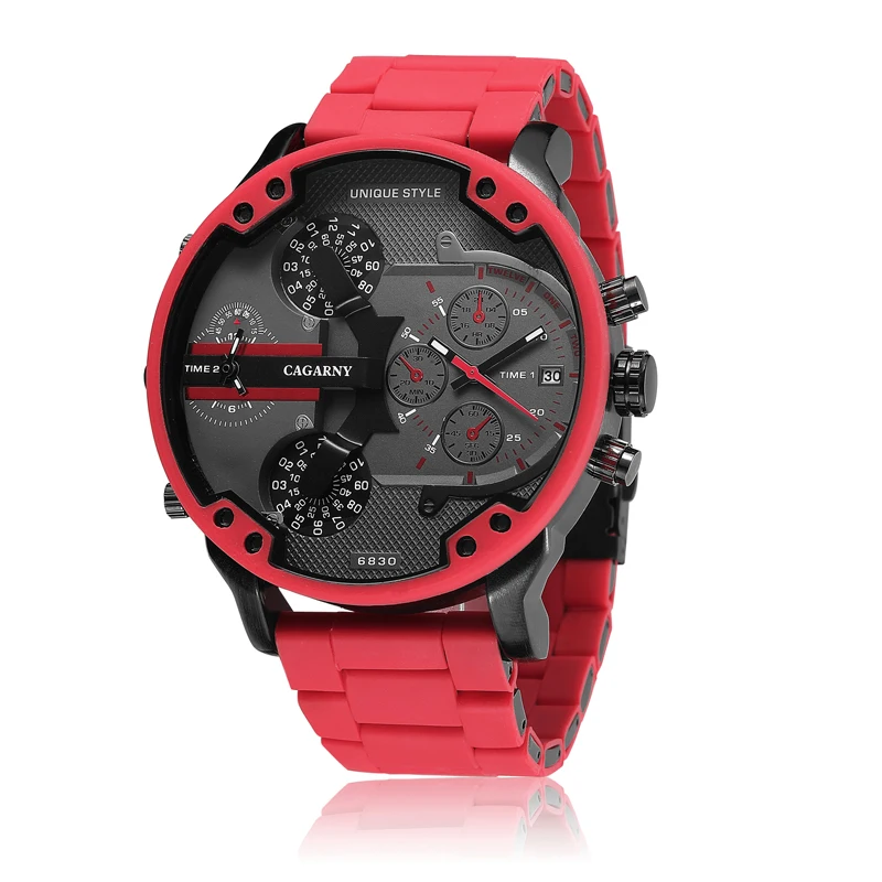 top luxury brand cagarny analog quartz watch for men two time zones auto date cool big case military watches red silicone band sports men's wristwatches dz dz7370 (4)