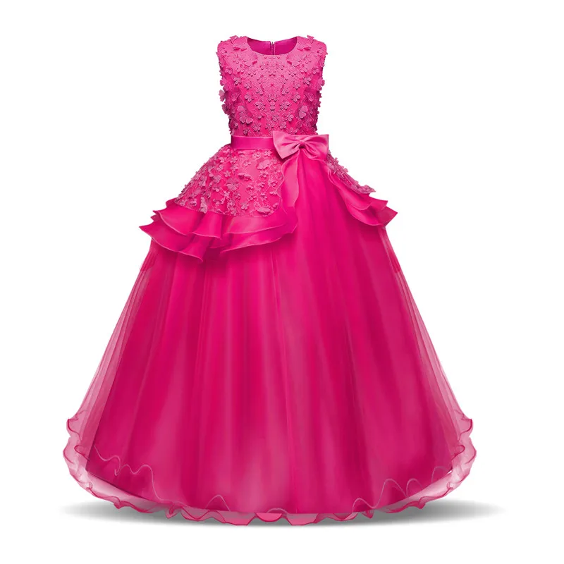 Детские платья для девочек для конкурса красоты, выпускного платье без рукава для девочек Платье принцессы для свадеб и вечеринок Детский комбинезон с цветочным принтом для девочек Vestidos - Цвет: Dark Pink 1