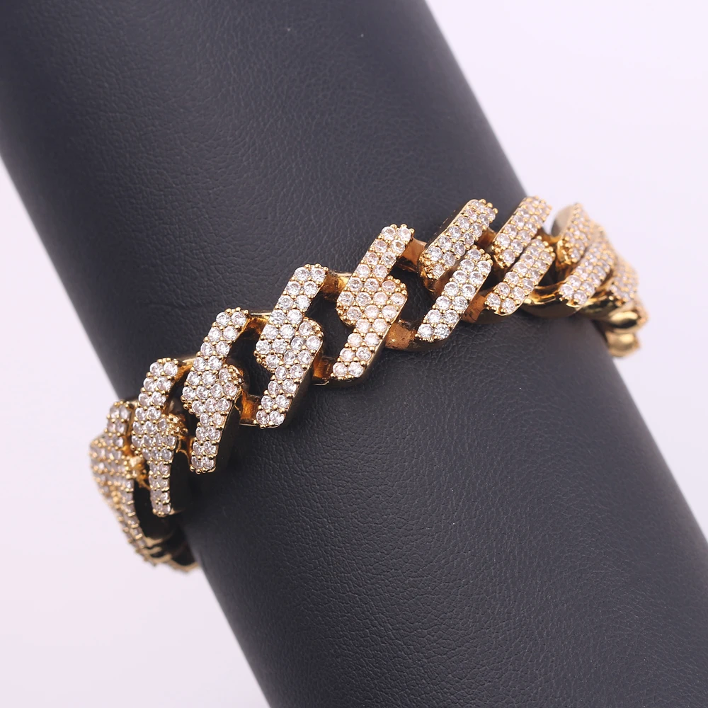 

14mm Shining Hip Hop Men's Bracelet Miami Cuban Link Gold Iced Paved Rhinestones Male Wristband Street Dance Bling Jewelry