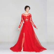 Hijab Evening Dresses Long Sleeve Lace Appliques Prom Dress Formal Party Dress Detachable Tulle Skirt Evening Dresses On Sale