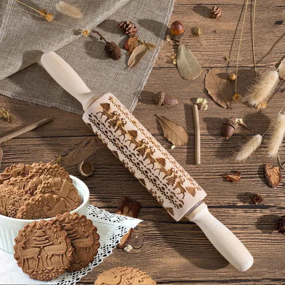 

2018 Hot Sale Christmas Embossing Rolling Pin Baking Cookies Noodle Biscuit Fondant Cake Dough Engraved Roller DC112