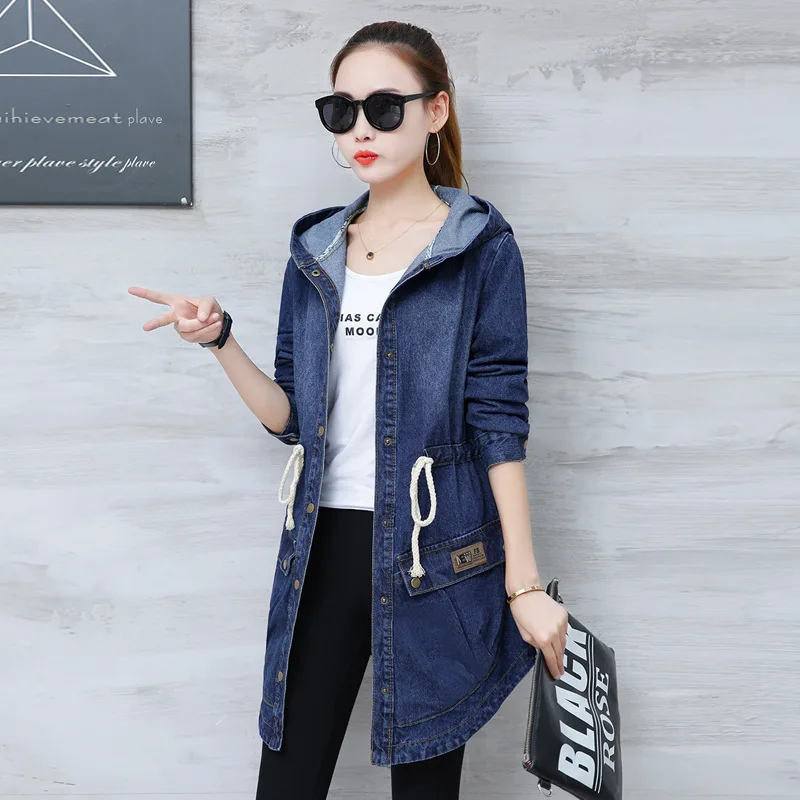 

#3324 Spring Autumn Denim Jacket Women Hooded Loose Plus Size Lace up Waist Asymmetrical Jeans Coat Women Long Elegant S-XXXL