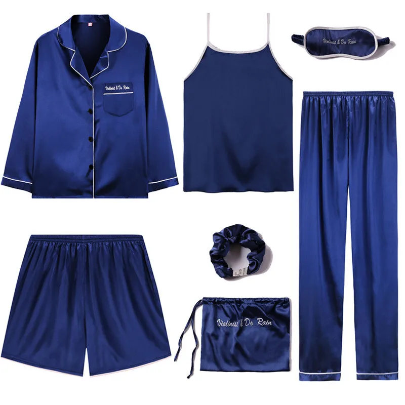 

2019 Brand Sexy Spring Summer 7 Peices Pajamas Sets Women Silk Satin Pajama Set Soft Sleepwear Home Clothes Womens Pyjamas Suit
