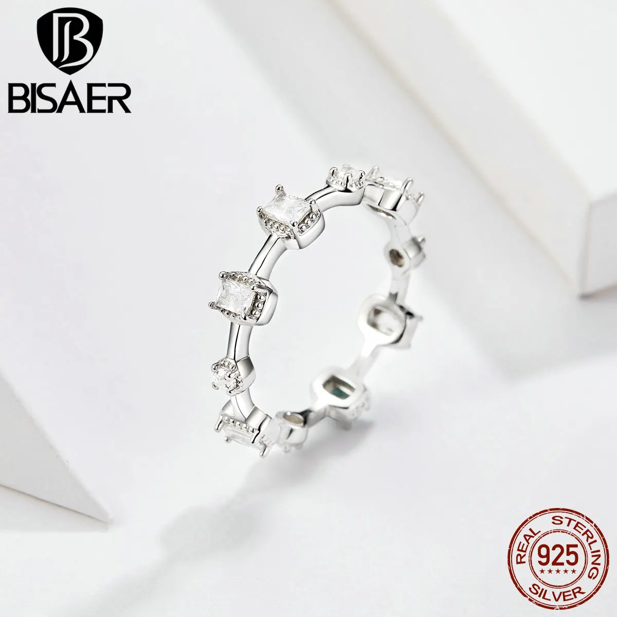 

BISAER Stackable Zircon Ring 925 Sterling Silver Wedding Crystal Round Circle Bridal Finger Rings for Women Anel Jewelry ECR531