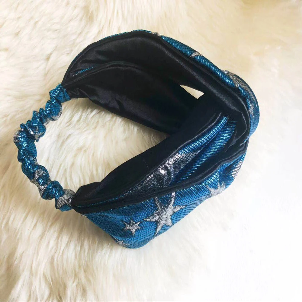 Яркий синий Звезда вышивка женщин Повязка На Голову Витая завязывают Эластичный аксессуары для волос