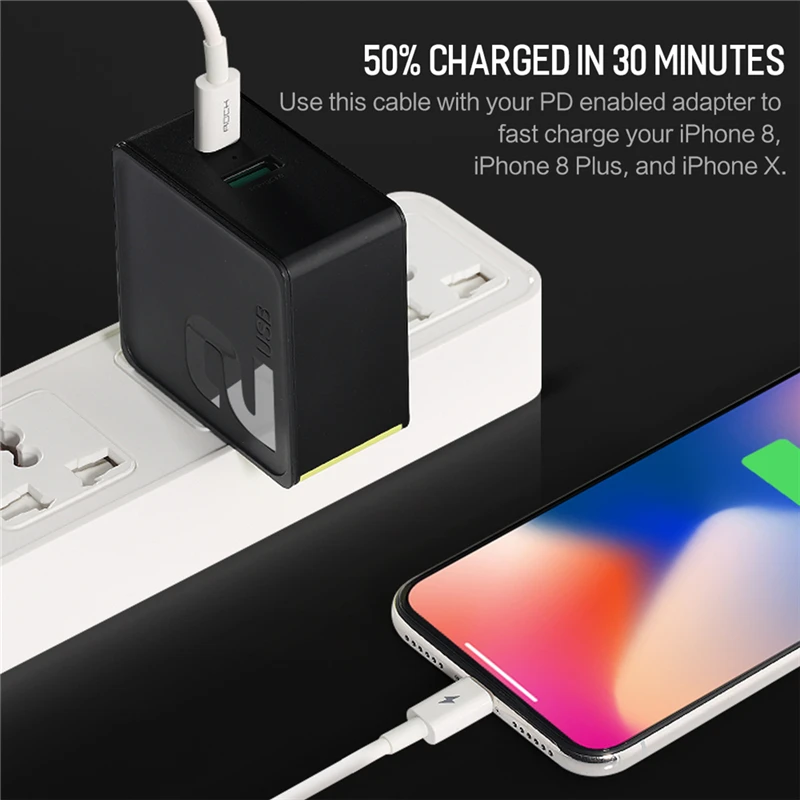 Зарядный кабель ROCK PD Type C 15 Вт для iPhone X 8 plus Macbook|light charging cables|charging cableusb c |
