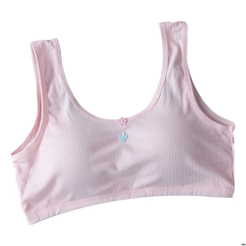 

Teenage Girl Wide Straps Sport Training Bra Underwear Thread Ribbed Wireless Bralette Flower Applique Backless Adjusted Vest