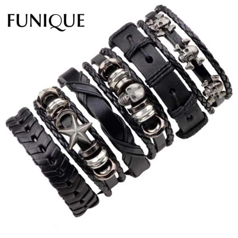 

FUNIQUE 1Set/5-6PCs Punk Rock Skull Star Leather Bracelets For Men Women Gothic Braided Rope Jewelry Gifts Multi Charm Bracelet