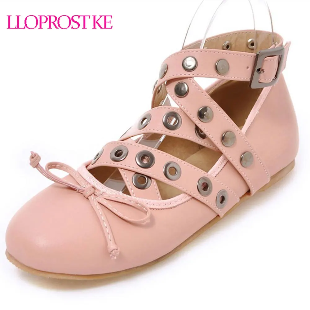 Lloprost ke Plus Size 32- 48 Ballerina Flats 2018 Fashion Woman Flat Shoes Black Pink Bowtie Buckle Strap Ballet Flats MY1000