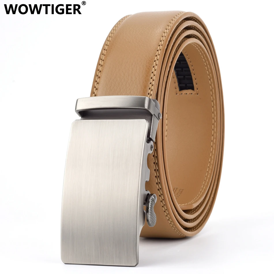 

WOWTIGER 35mm Light Brown Cowhide Leather Belt For Men High Quality Male Brand Ratchet Automatic Luxury belts Cinturones Hombre