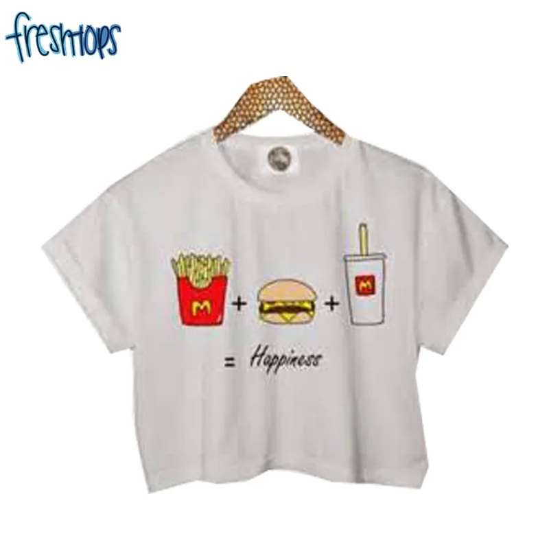 

F1010 Women T shirt Food Crop Shirt Fashion Stretch Hamburger Chips Tees Women Tops