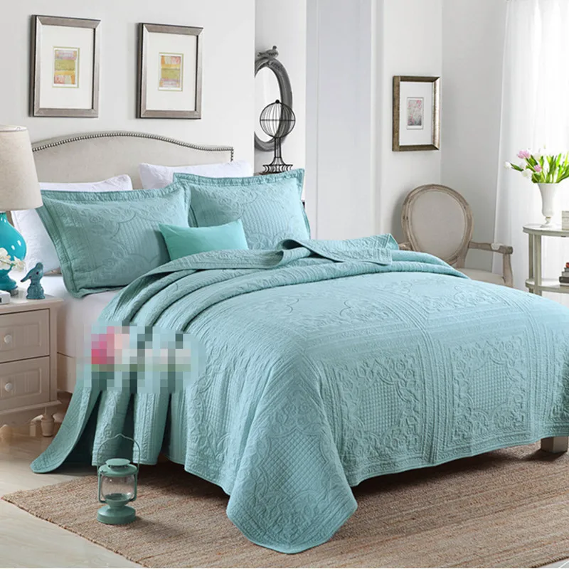 

3pcs 100%cotton American style pink beige turquoise embroidery patchwork quilt bedspread full queen king size free shipping