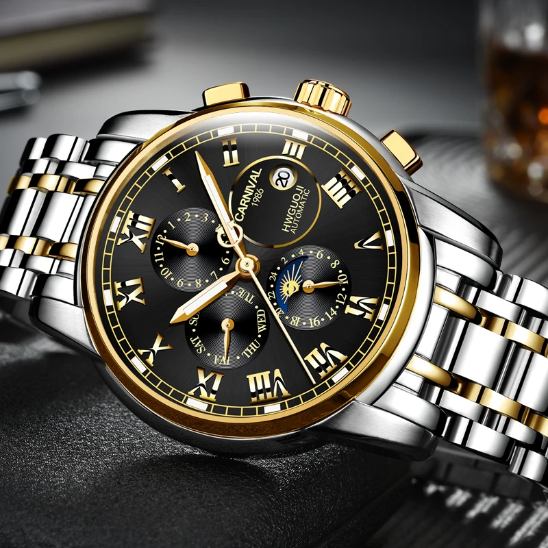 

Carnival Phase Moonl Watch Men Mechanical Luminescence Miyota 25 Jewels Calendar Multi-Function Stainless Steel Wristwatch