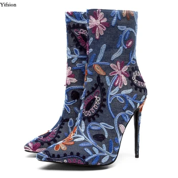 

Olomm Women Embroidered Denim Ankle Boots Thin High Heel Pointed Toe Dark Blue Light Blue Party Shoes Women Plus US Size 3-13