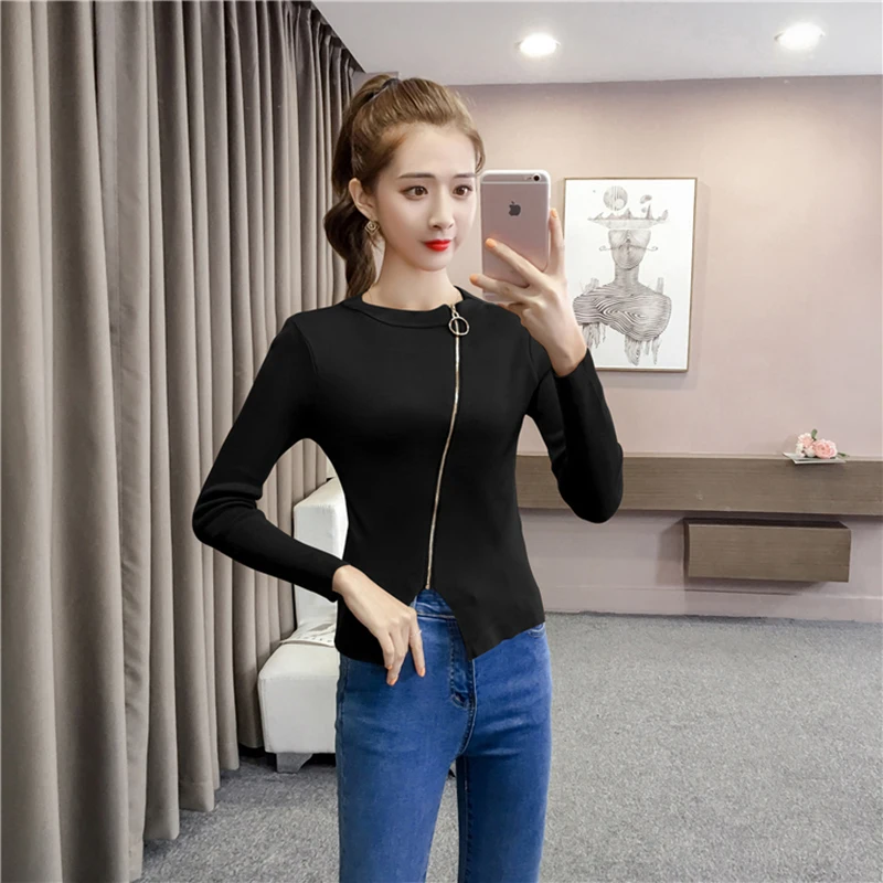 New Slim Zipper Dew Navel Sweater Women Solid Color Knitted Top Female Sexy Hight 2018 Autumn Winter Long Sleeve Bottoming Tops